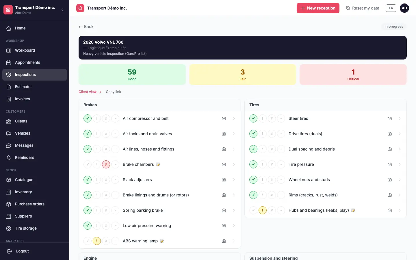 A heavy truck inspection in GaroPro: 63 points grouped by system (brakes, tires), points good, to watch and urgent