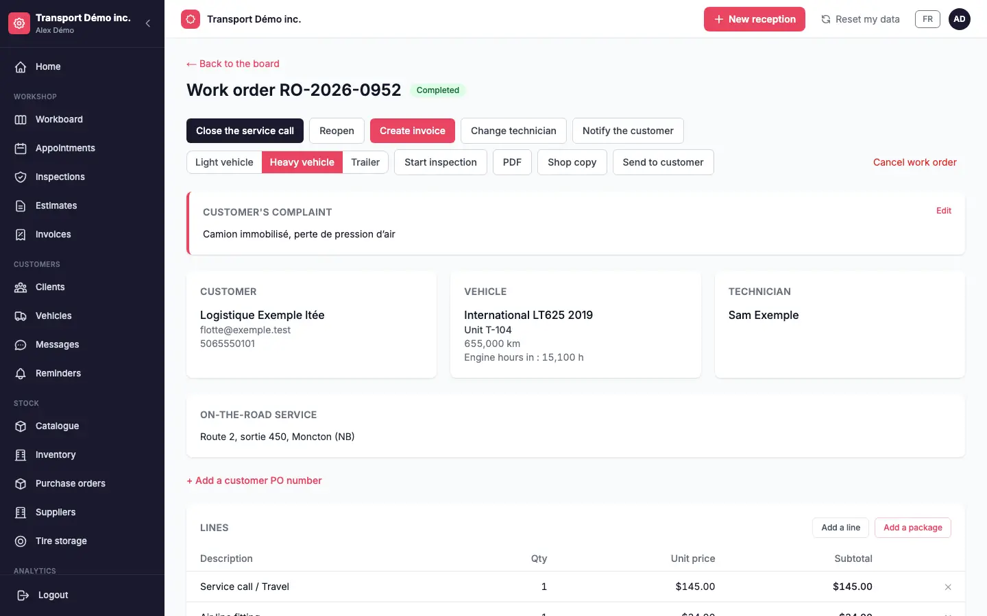 An on-the-road work order in GaroPro: service address, engine hours, service call line and Close the service call button